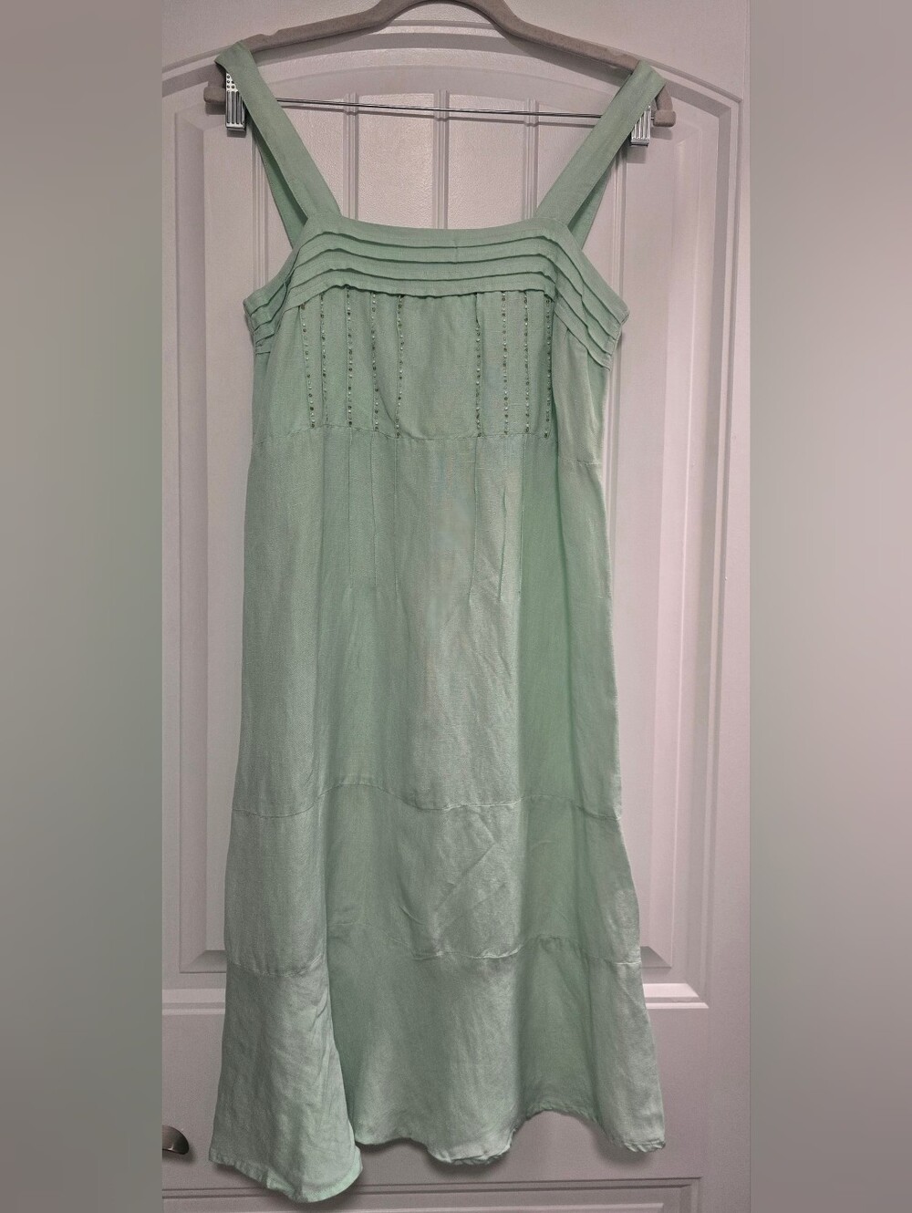 90s Vintage Linen Mint Green Sundress with Beading And Pintuck Detail